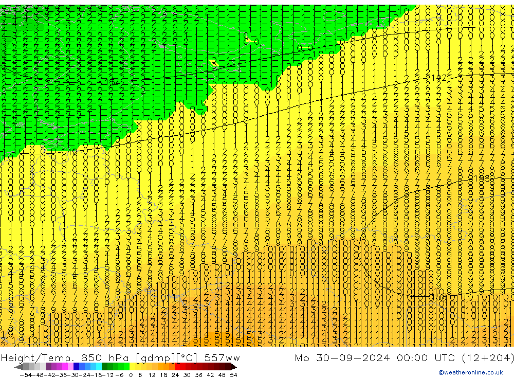 Height/Temp. 850 hPa 557ww Mo 30.09.2024 00 UTC