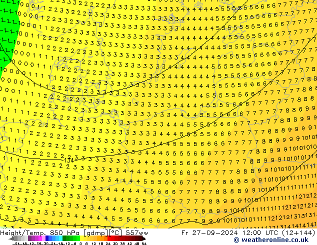 Height/Temp. 850 hPa 557ww Sex 27.09.2024 12 UTC