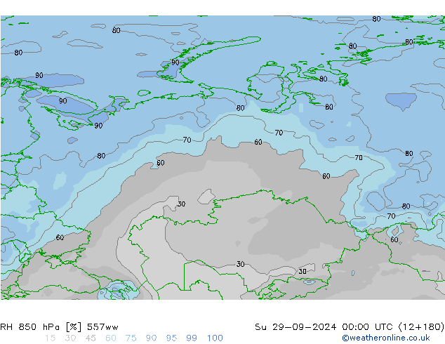 RH 850 hPa 557ww So 29.09.2024 00 UTC