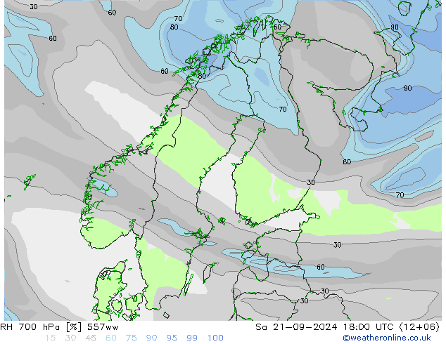 RH 700 hPa 557ww 星期六 21.09.2024 18 UTC