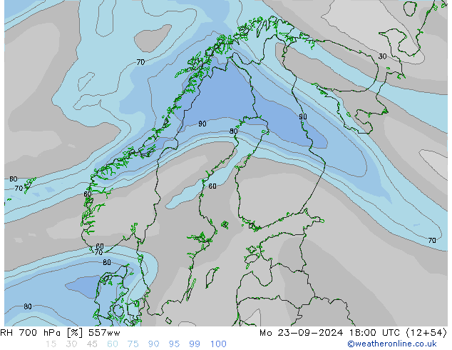 RH 700 hPa 557ww Mo 23.09.2024 18 UTC