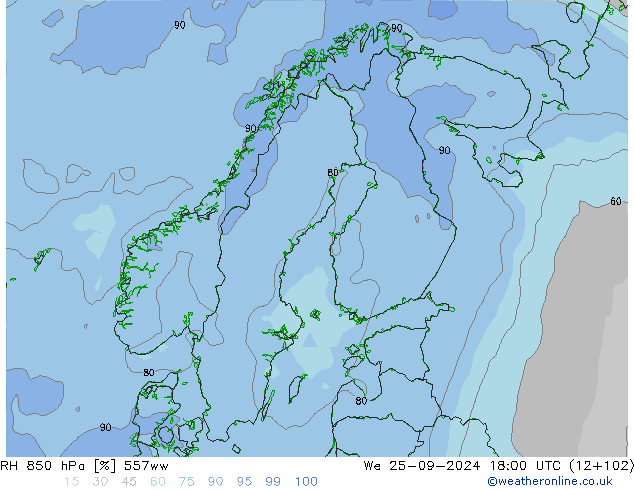 RH 850 hPa 557ww We 25.09.2024 18 UTC