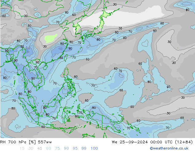 RH 700 hPa 557ww We 25.09.2024 00 UTC