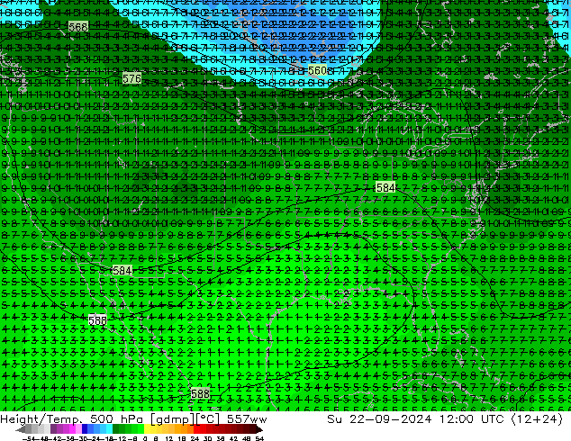 Hoogte/Temp. 500 hPa 557ww zo 22.09.2024 12 UTC