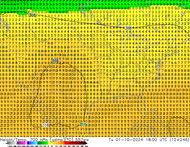 Height/Temp. 700 hPa 557ww Tu 01.10.2024 18 UTC