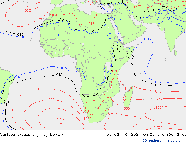 Pressione al suolo 557ww mer 02.10.2024 06 UTC