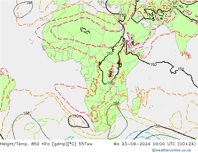 Height/Temp. 850 hPa 557ww Mo 23.09.2024 00 UTC