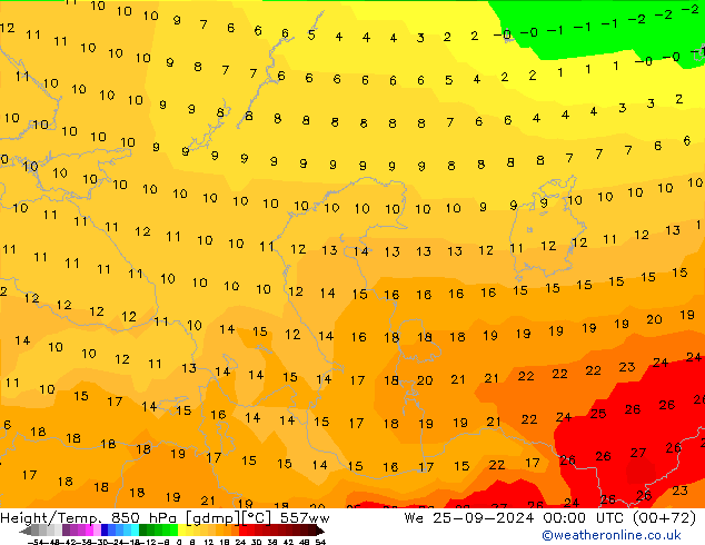 Height/Temp. 850 hPa 557ww We 25.09.2024 00 UTC