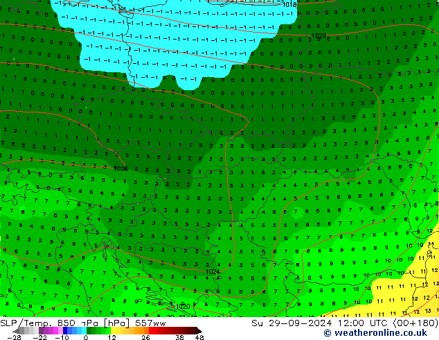 SLP/Temp. 850 hPa 557ww Su 29.09.2024 12 UTC