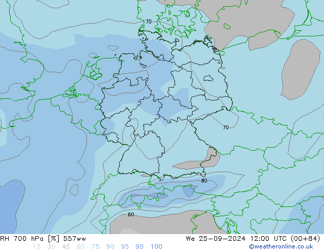 RH 700 hPa 557ww Mi 25.09.2024 12 UTC