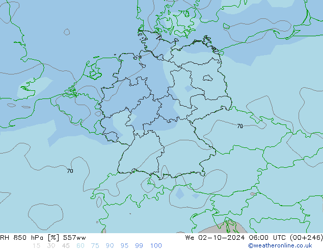 850 hPa Nispi Nem 557ww Çar 02.10.2024 06 UTC