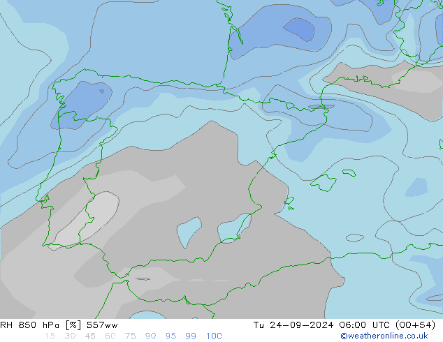 RH 850 hPa 557ww Tu 24.09.2024 06 UTC