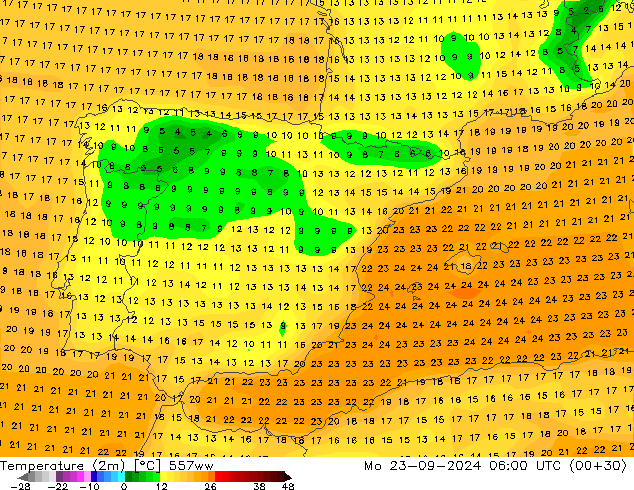 Temperaturkarte (2m) 557ww Mo 23.09.2024 06 UTC