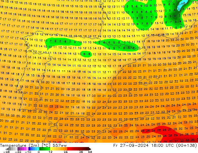 Temperaturkarte (2m) 557ww Fr 27.09.2024 18 UTC