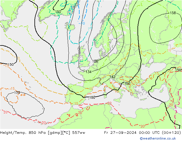 Height/Temp. 850 hPa 557ww ven 27.09.2024 00 UTC