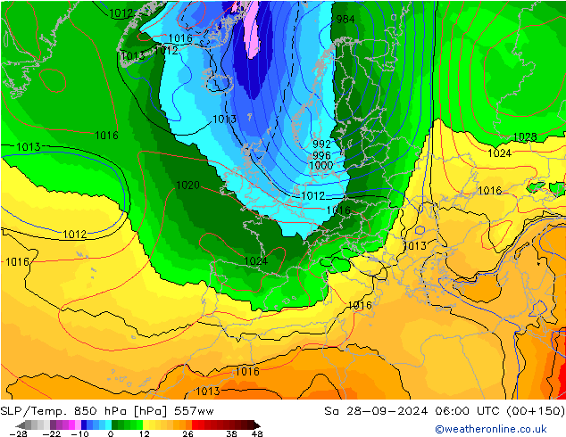 SLP/Temp. 850 hPa 557ww za 28.09.2024 06 UTC