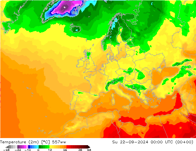 Temperaturkarte (2m) 557ww So 22.09.2024 00 UTC