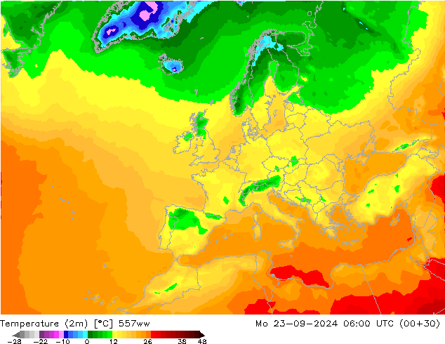 Temperature (2m) 557ww Mo 23.09.2024 06 UTC