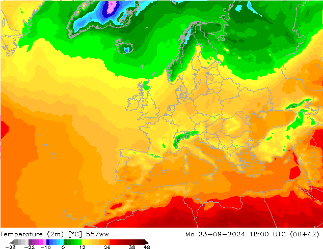 Temperature (2m) 557ww Mo 23.09.2024 18 UTC