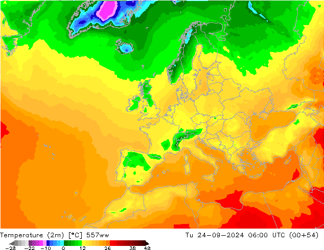 Temperatuurkaart (2m) 557ww di 24.09.2024 06 UTC