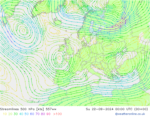 Stromlinien 500 hPa 557ww So 22.09.2024 00 UTC