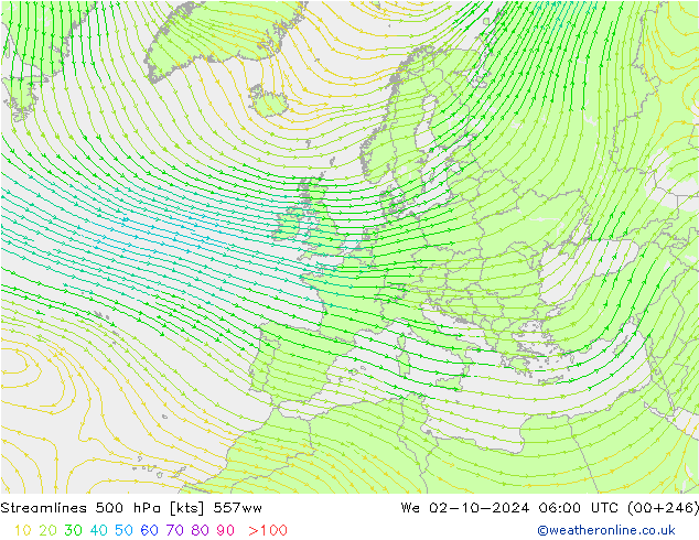 Linea di flusso 500 hPa 557ww mer 02.10.2024 06 UTC