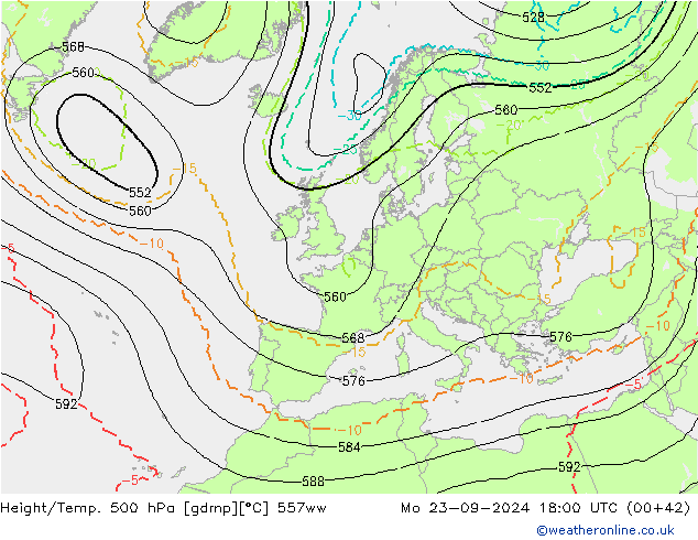 Hoogte/Temp. 500 hPa 557ww ma 23.09.2024 18 UTC