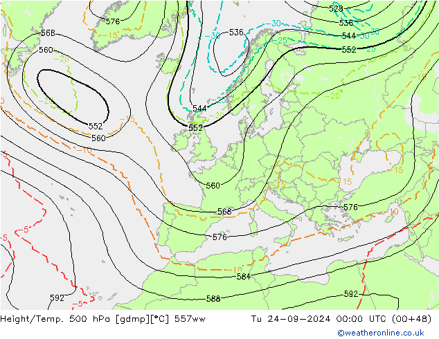 Hoogte/Temp. 500 hPa 557ww di 24.09.2024 00 UTC