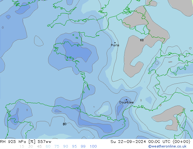 RH 925 hPa 557ww So 22.09.2024 00 UTC