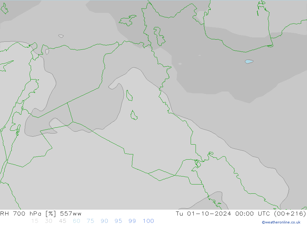 RH 700 hPa 557ww Tu 01.10.2024 00 UTC