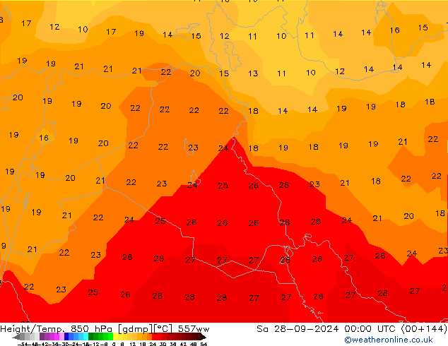 Height/Temp. 850 hPa 557ww So 28.09.2024 00 UTC