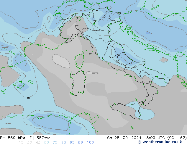 RH 850 hPa 557ww Sa 28.09.2024 18 UTC