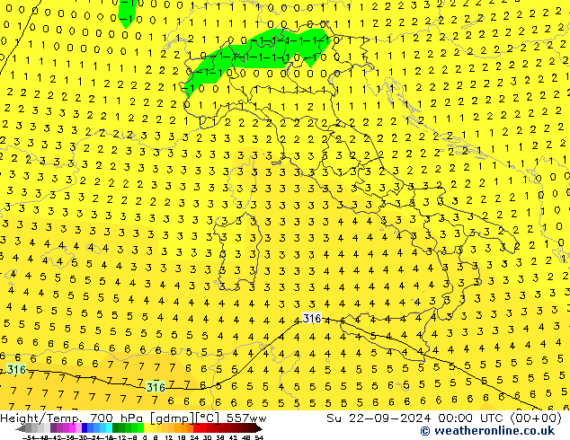 Height/Temp. 700 hPa 557ww Su 22.09.2024 00 UTC