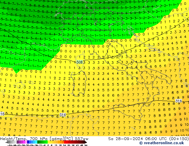 Height/Temp. 700 hPa 557ww Sa 28.09.2024 06 UTC