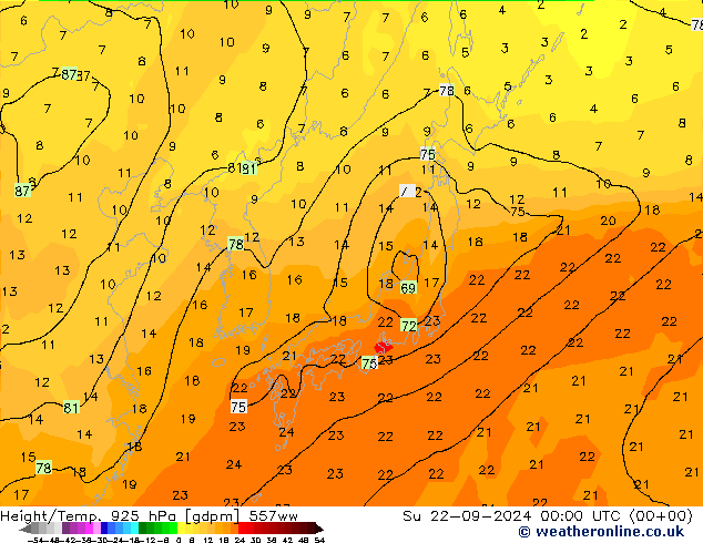 Height/Temp. 925 hPa 557ww Ne 22.09.2024 00 UTC