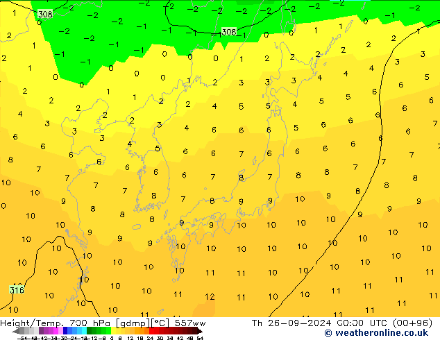 Height/Temp. 700 hPa 557ww Th 26.09.2024 00 UTC