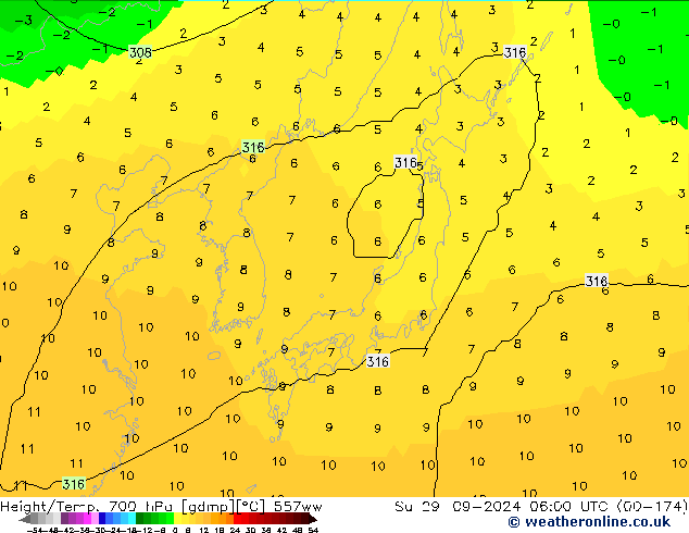 Hoogte/Temp. 700 hPa 557ww zo 29.09.2024 06 UTC