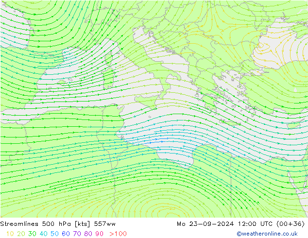 Streamlines 500 hPa 557ww Mo 23.09.2024 12 UTC