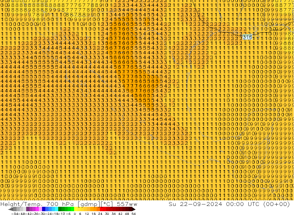 Height/Temp. 700 hPa 557ww Su 22.09.2024 00 UTC