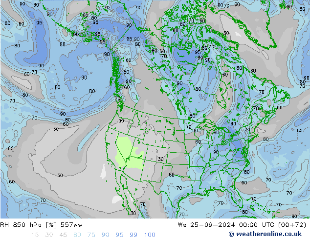 RH 850 hPa 557ww We 25.09.2024 00 UTC