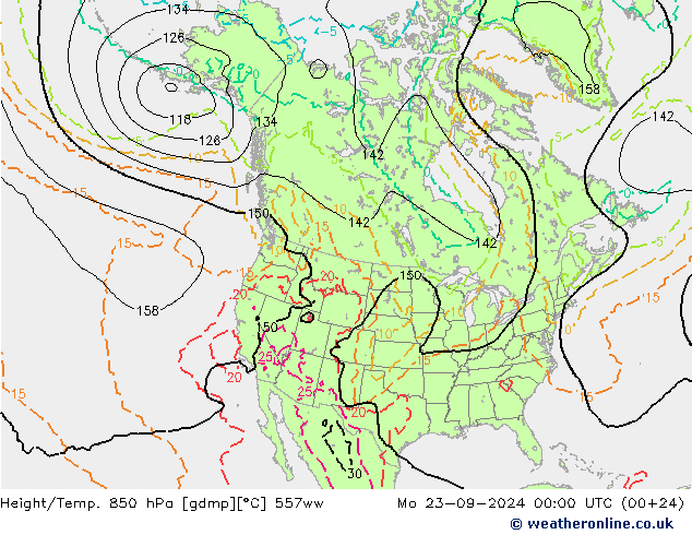 Height/Temp. 850 hPa 557ww 星期一 23.09.2024 00 UTC