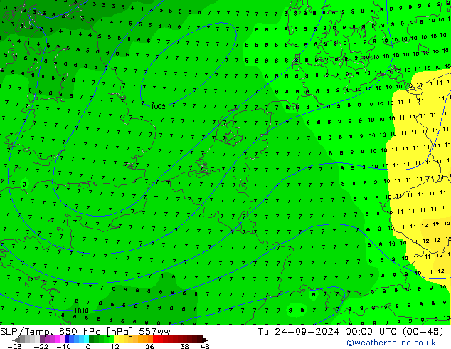 SLP/Temp. 850 hPa 557ww Di 24.09.2024 00 UTC