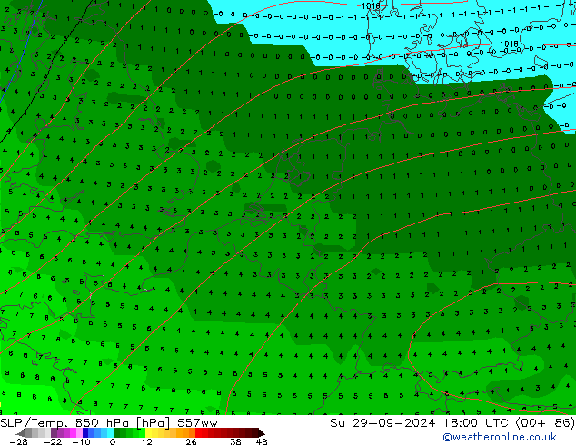 SLP/Temp. 850 hPa 557ww Su 29.09.2024 18 UTC