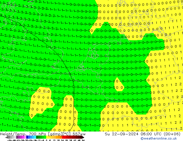 Height/Temp. 700 hPa 557ww 星期日 22.09.2024 06 UTC