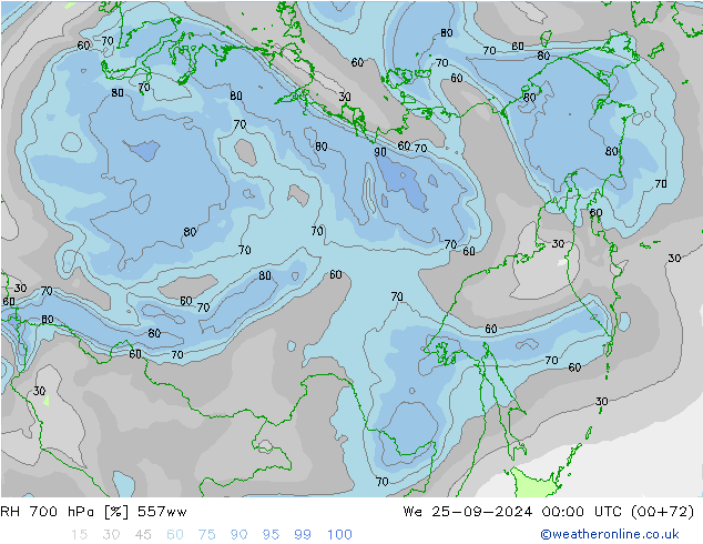 RH 700 hPa 557ww We 25.09.2024 00 UTC