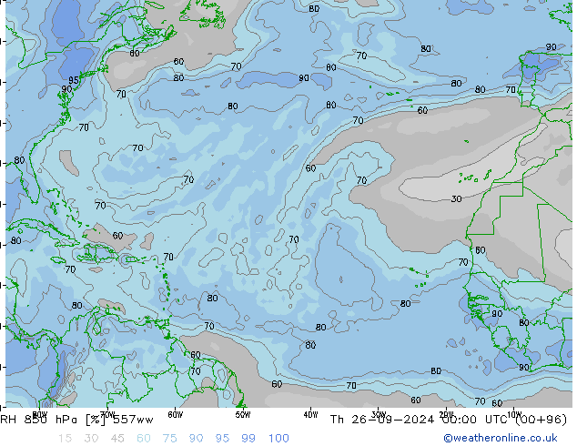 RH 850 hPa 557ww  26.09.2024 00 UTC