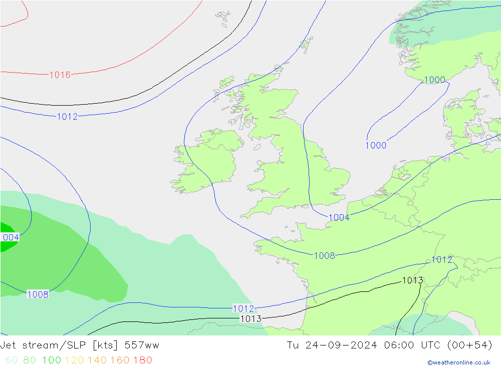 Jet stream/SLP 557ww Út 24.09.2024 06 UTC