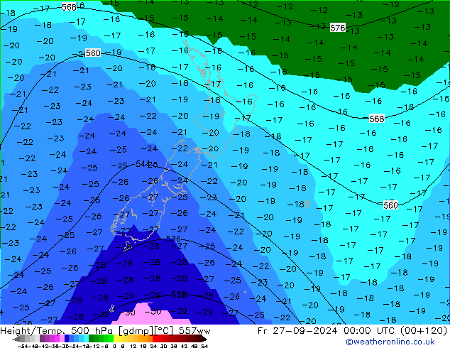 Height/Temp. 500 hPa 557ww Fr 27.09.2024 00 UTC