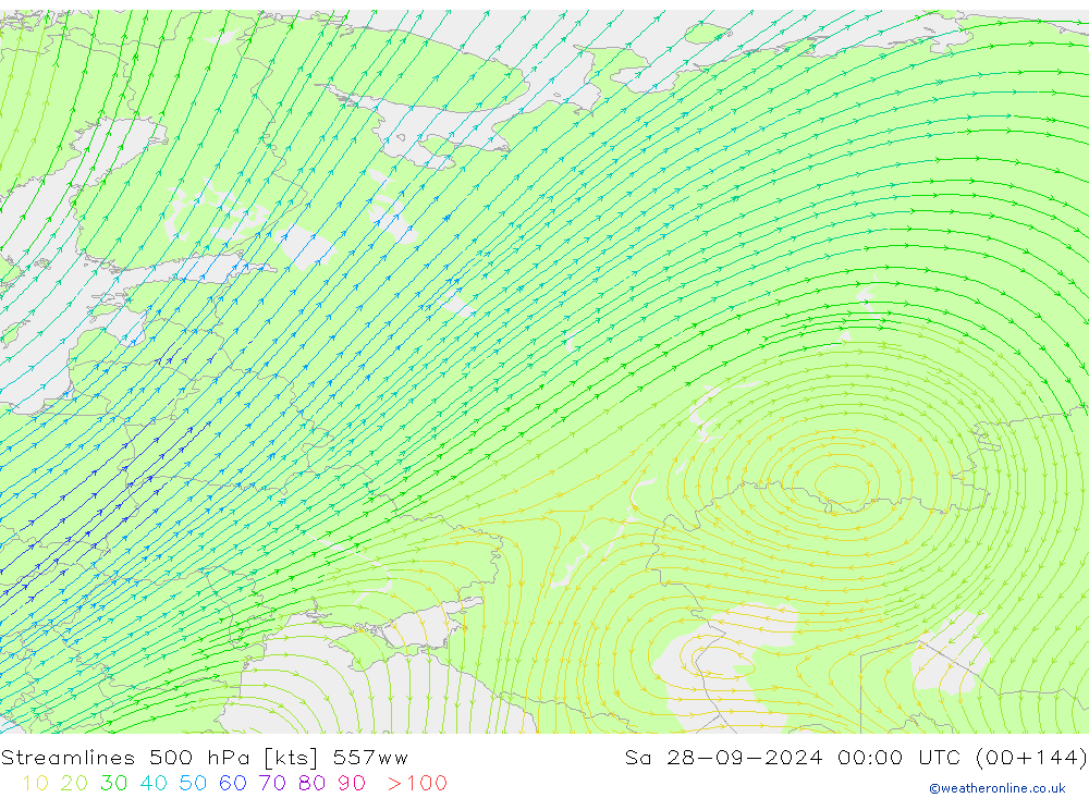 Stromlinien 500 hPa 557ww Sa 28.09.2024 00 UTC