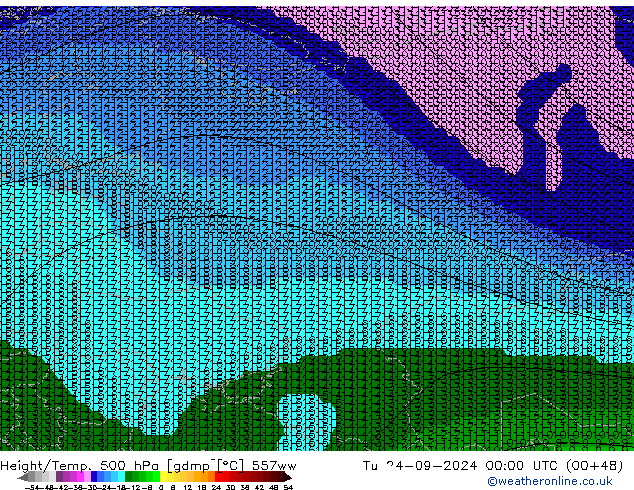 Height/Temp. 500 hPa 557ww Ter 24.09.2024 00 UTC